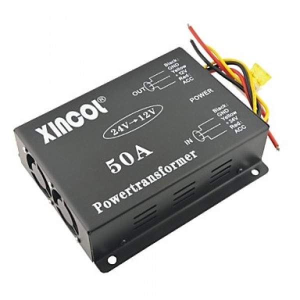 Xincol? Vehicle Car DC 24V to 12V 50A Power Supply Transformer Converter with Dual Fan Regulation-Black  